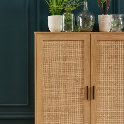 Buffet haut AMANA effet chêne et cannage rotin 2 portes 