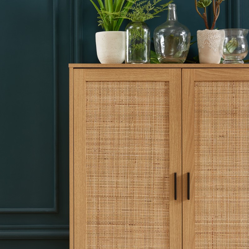 Buffet haut AMANA effet chêne et cannage rotin 2 portes 