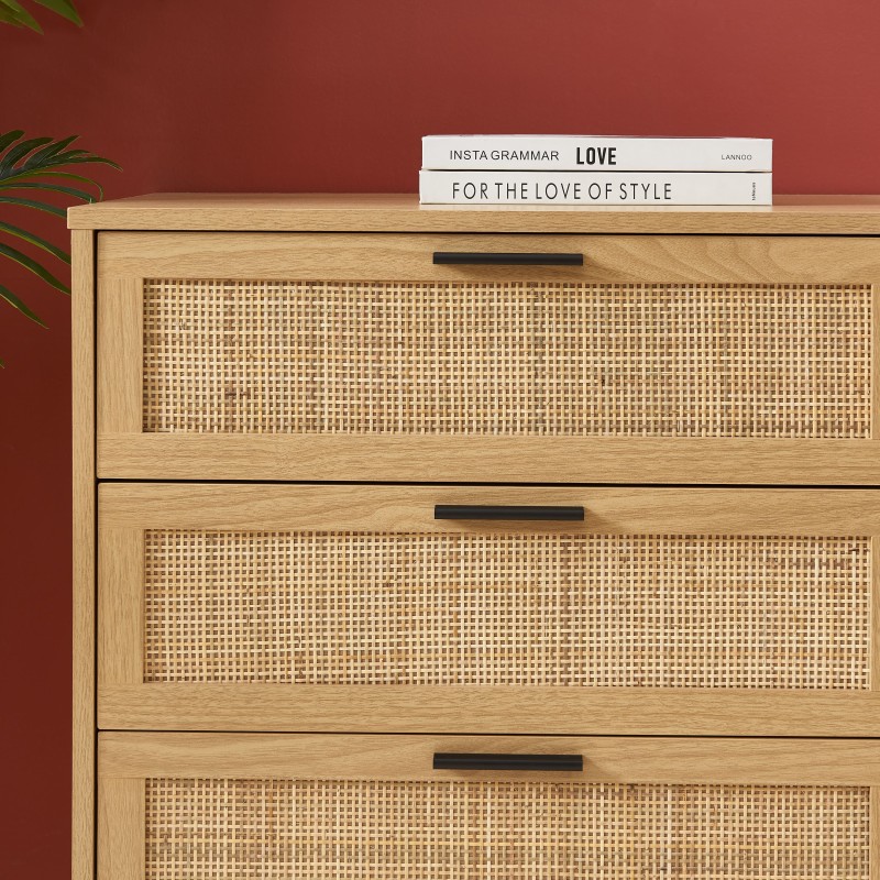 Commode AMANA effet chêne et cannage rotin 6 tiroirs