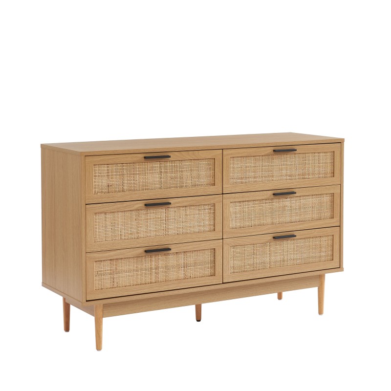 Commode AMANA effet chêne et cannage rotin 6 tiroirs