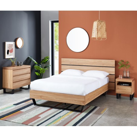 Lit FELIXeffet chêne et métal noir140x190 sommier inclus