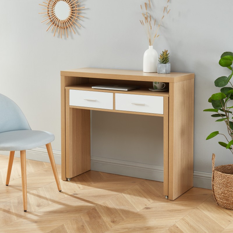 Bureau extensible STUDIOblanc et effet chêne2 tiroirs