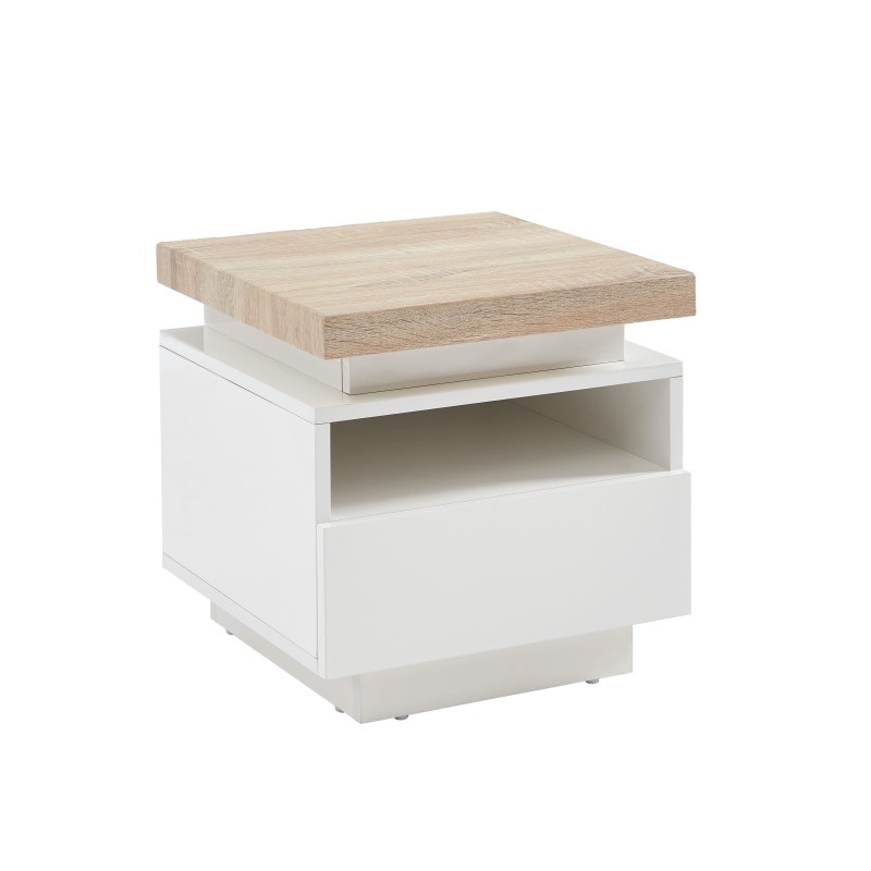 Table de chevet à led COSMOSlaqué blanc et effet chêne 1 tiroir