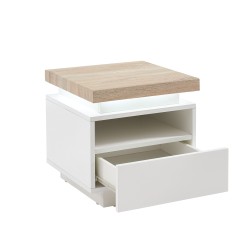 Table de chevet à led COSMOSlaqué blanc et effet chêne 1 tiroir