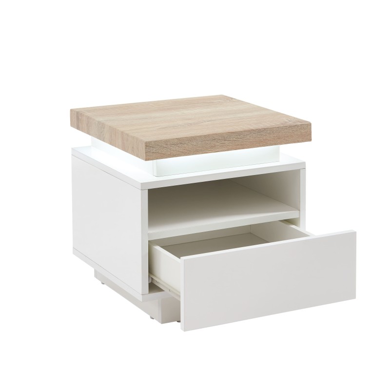 Table de chevet à led COSMOSlaqué blanc et effet chêne 1 tiroir