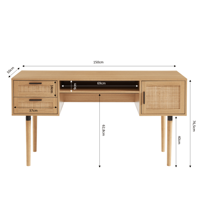 Bureau droit AMANA cannage rotin l150cm