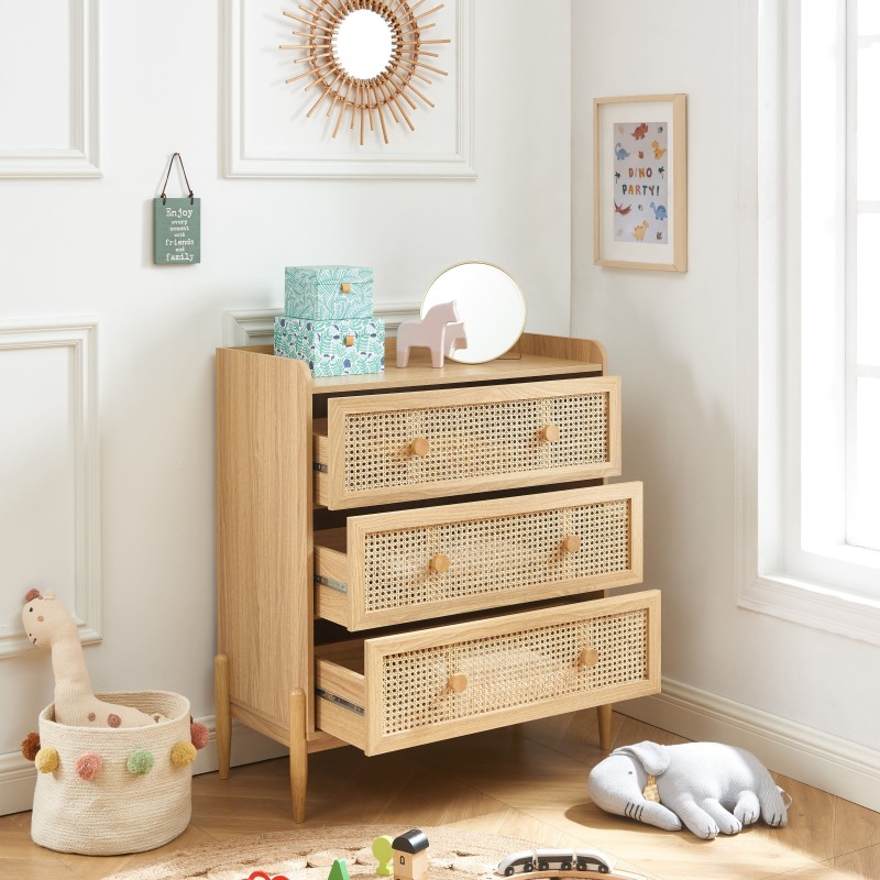 Commode PABLO cannage rotin et effet bois 3 tiroirs