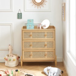 Commode PABLO cannage rotin et effet bois 3 tiroirs