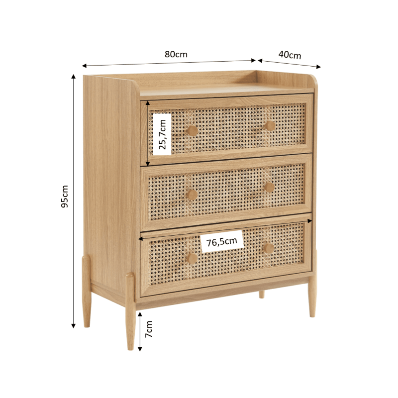 Commode PABLO cannage rotin et effet bois 3 tiroirs