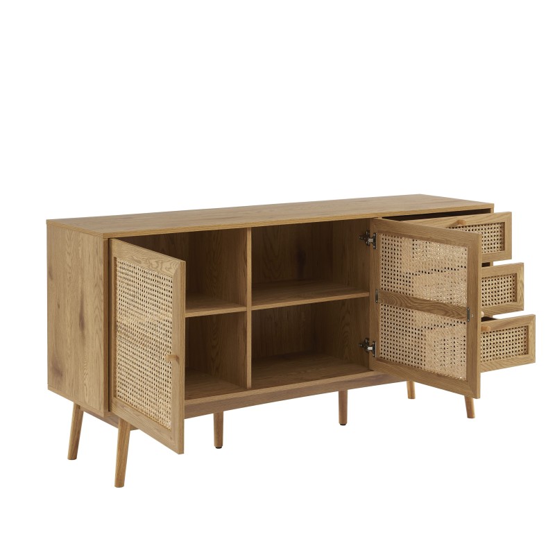 Buffet INES effet chêne et cannage rotin l150cm