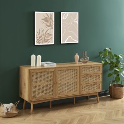 Buffet INES effet chêne et cannage rotin l150cm