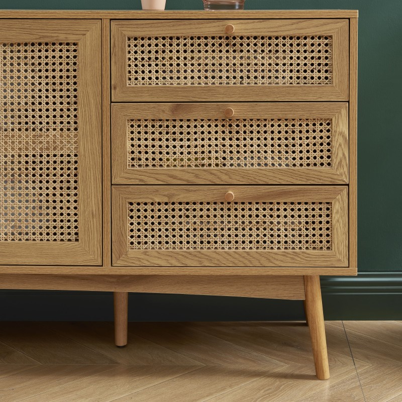 Buffet INES effet chêne et cannage rotin l150cm