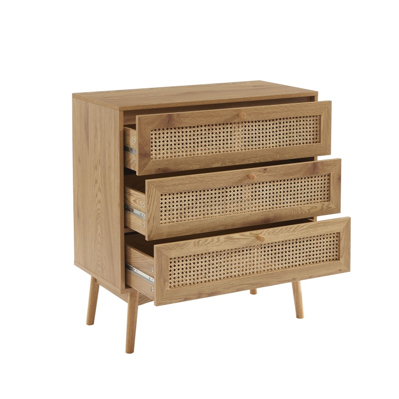 Commode INES effet chêne et cannage rotin 3 tiroirs