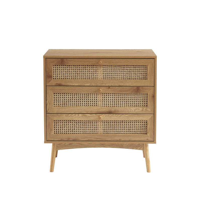 Commode INES effet chêne et cannage rotin 3 tiroirs