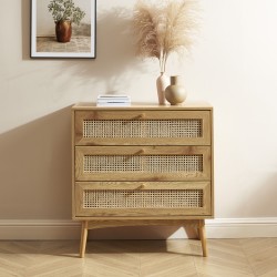 Commode INES effet chêne et cannage rotin 3 tiroirs