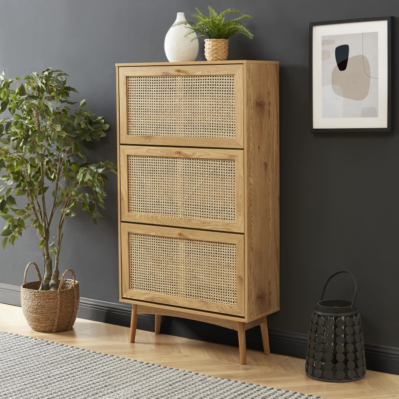 Meuble à chaussures INESeffet chêne et cannage rotin