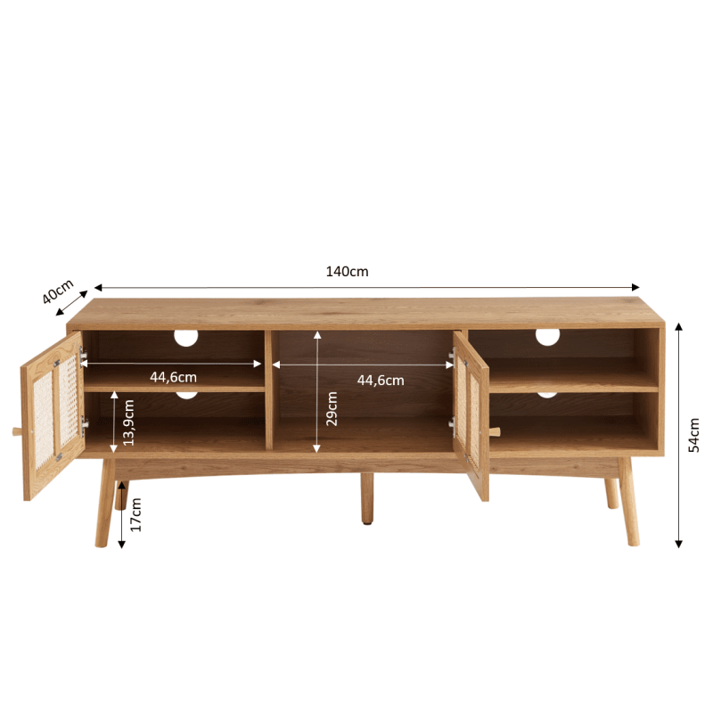 Meuble tv INES effet chêne et cannage rotin l140cm