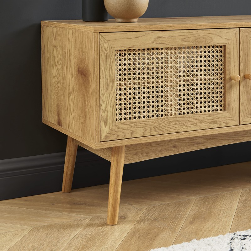 Meuble tv INES effet chêne et cannage rotin l140cm