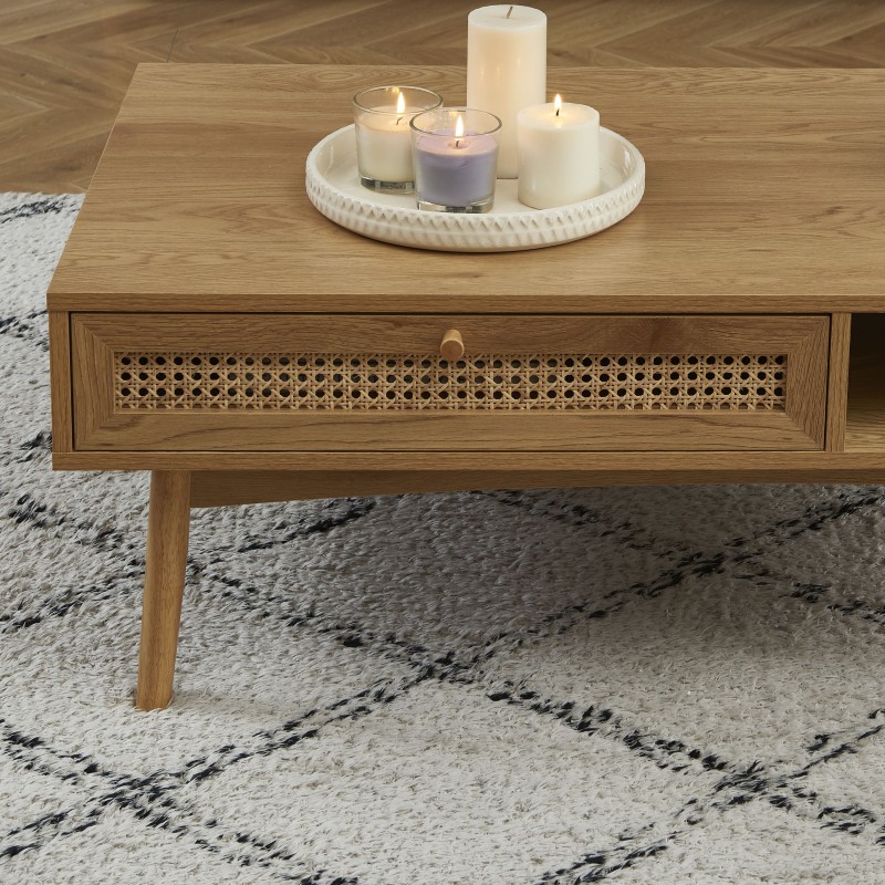 Table basse INES effet chêne et cannage rotin