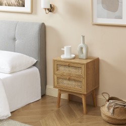 Table de chevet INES effet chêne et cannage rotin 2 tiroirs
