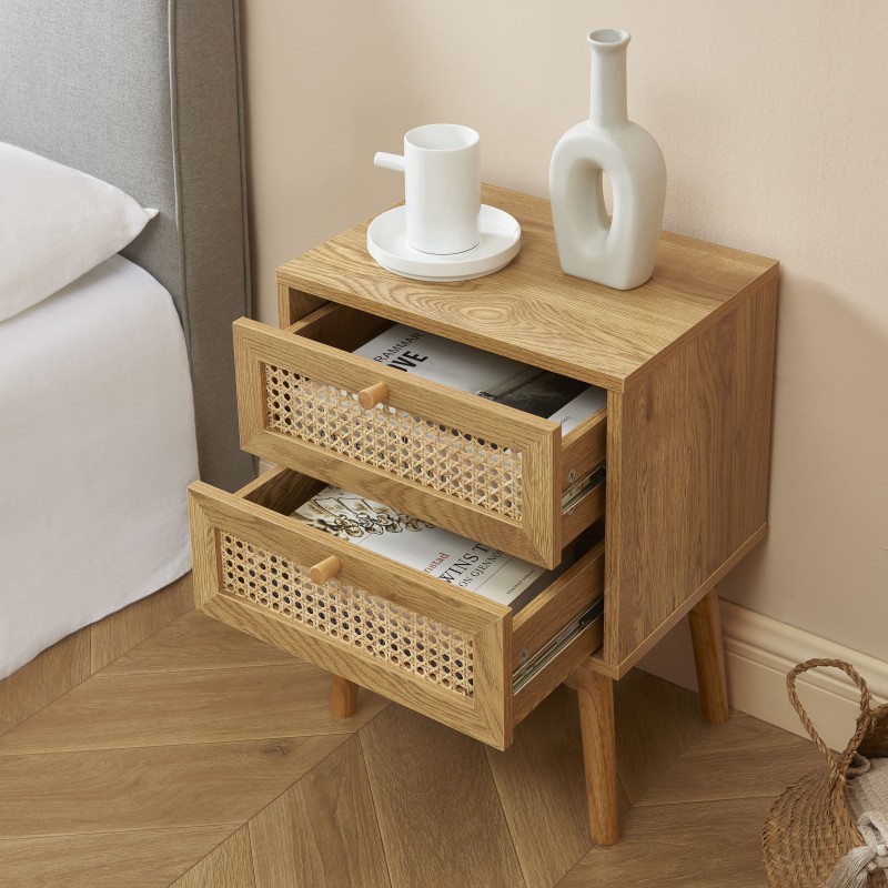 Table de chevet INES effet chêne et cannage rotin 2 tiroirs