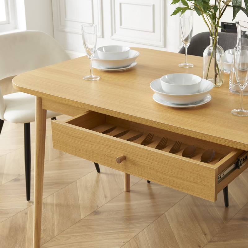 Table à manger MACARON effet chêne avec tiroir