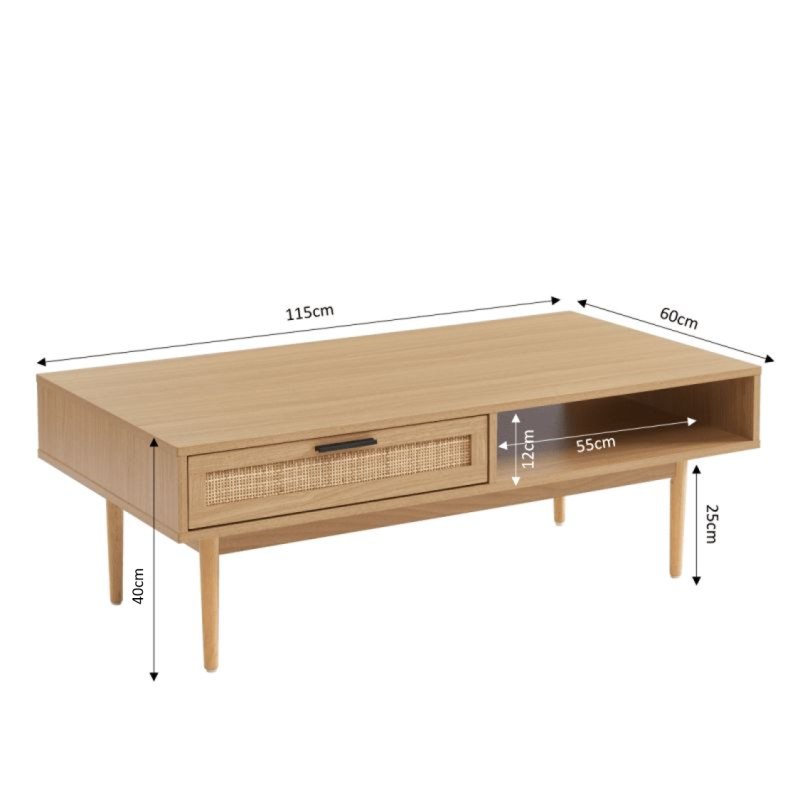 Table basse AMANA effet chêne et cannage rotin 2 tiroirs