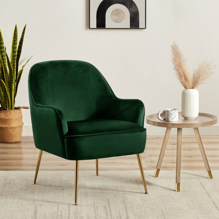 Fauteuil MARCELINO en velours vert avec pieds doré