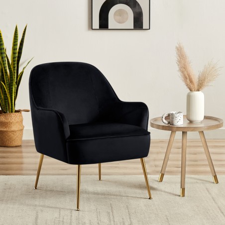 Fauteuil MARCELINO en velours noir avec pieds doré