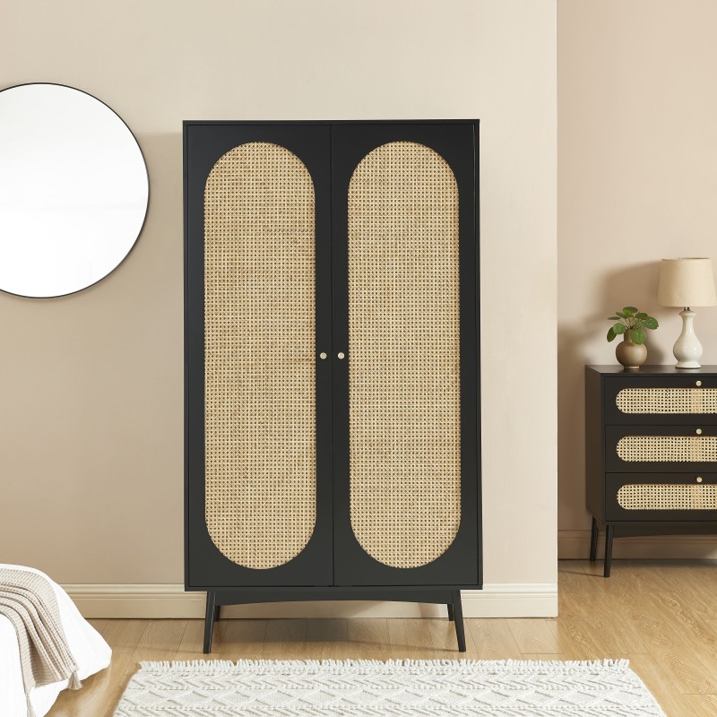 Armoire ANATOLE noir et cannage rotin