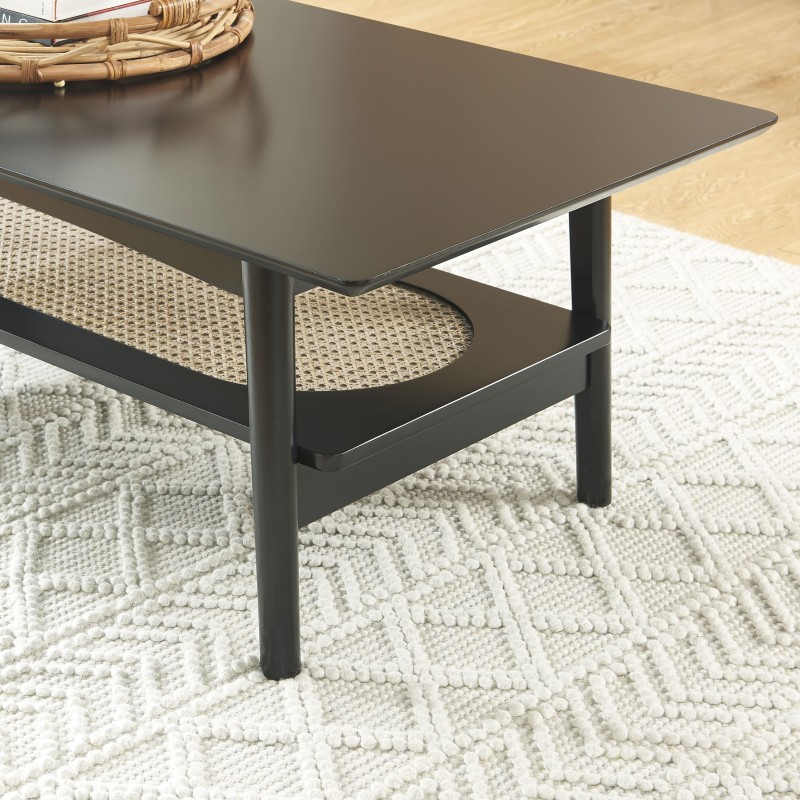 Table basse ANATOLE noir et cannage rotin