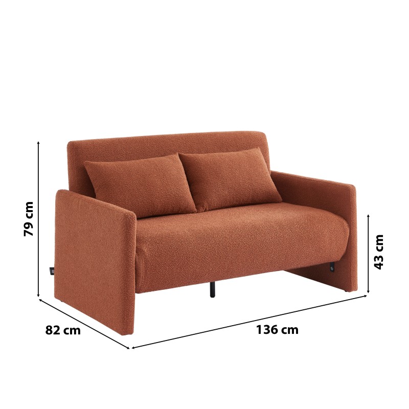 Canapé droit JADE en tissu bouclette terracotta convertible 2 places