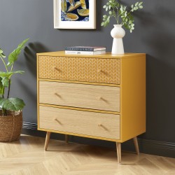 Commode CAPUCINE ocre et effet chêne 3 tiroirs 78cm