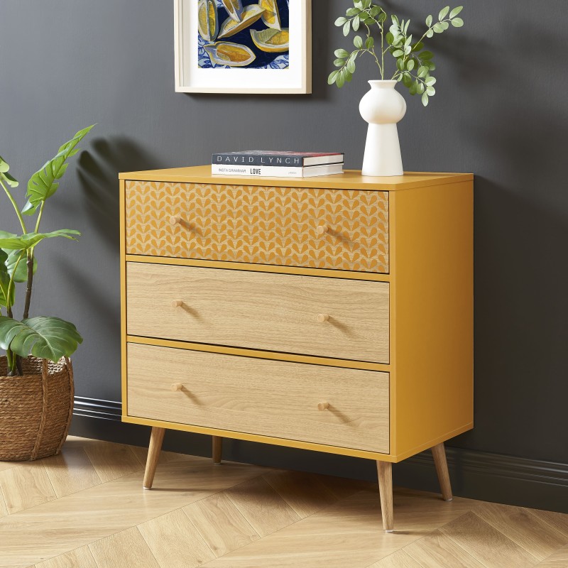 Commode CAPUCINE ocre et effet chêne 3 tiroirs 78cm