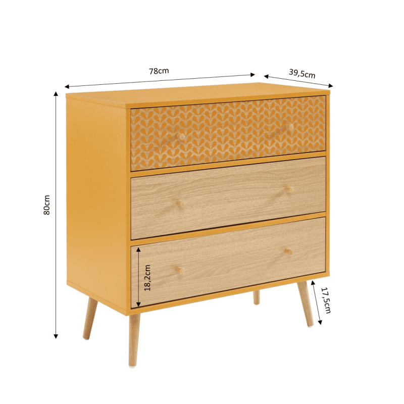 Commode CAPUCINE ocre et effet chêne 3 tiroirs 78cm