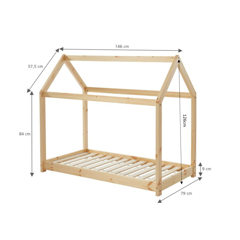 Lit enfant cabane TINYpin naturel70x140 sommier inclus