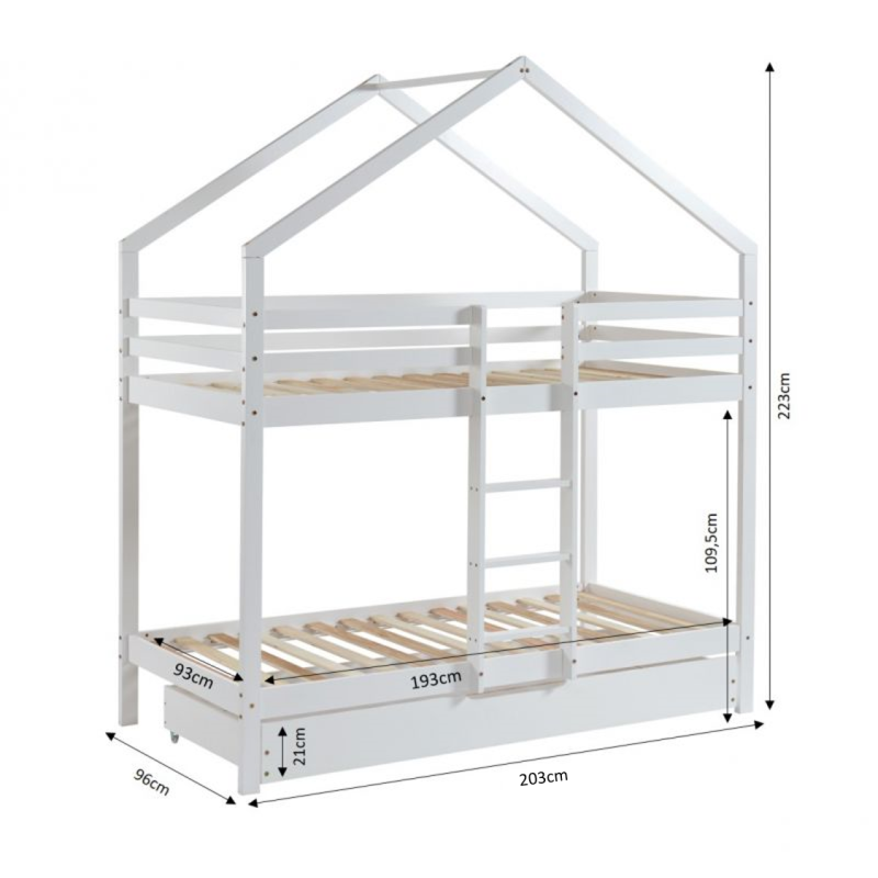 Lit cabane superposé TINYpin blanc90x190 sommier inclus