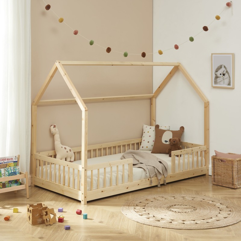 Lit cabane avec barrières TINY pin massif 90x190 sommier inclus