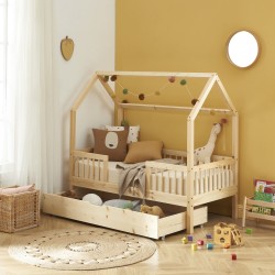 Lit cabane avec barrières TINY pin massif 70x140 sommier + tiroir inclus
