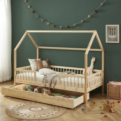 Lit cabane avec barrières TINY pin massif 90x190 sommier + tiroir inclus