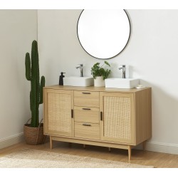 Meuble sous lavabo AMANA effet chêne et cannage rotin 130cm