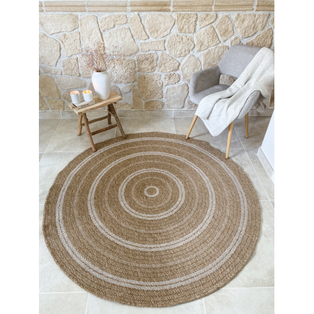 Tapis MENORCA rond marron et blanc aspect jute 160x160cm