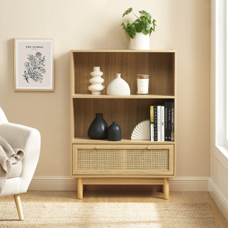Bibliothèque HELENA effet chêne et cannage rotin 80cm