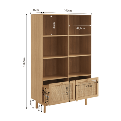 Bibliothèque HELENA effet chêne et cannage rotin 100cm