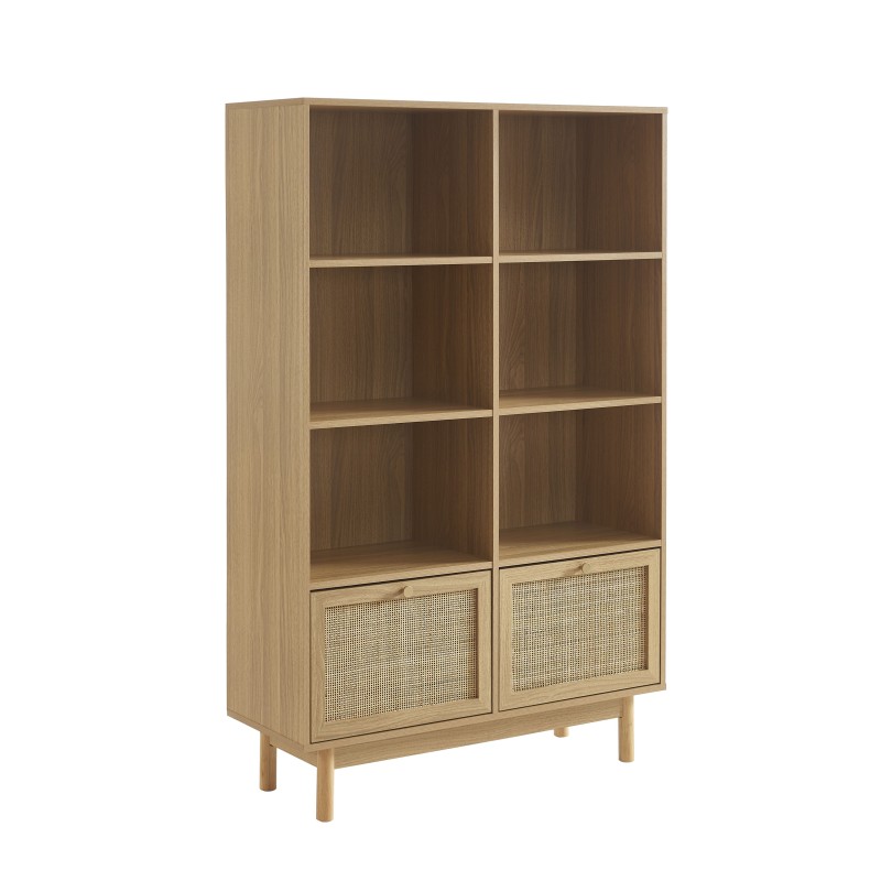 Bibliothèque HELENA effet chêne et cannage rotin 100cm