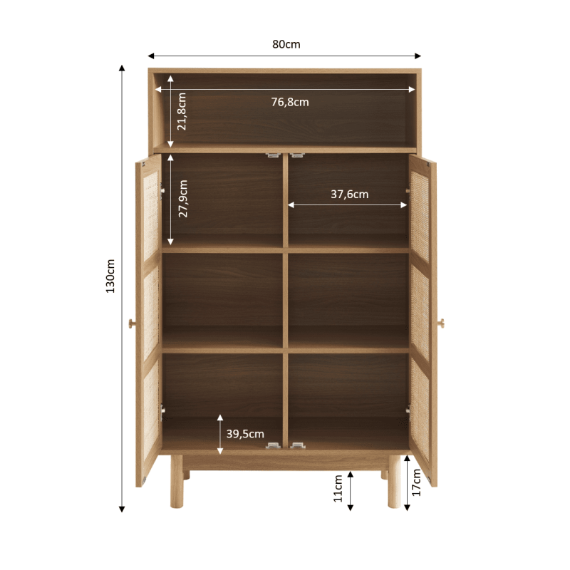 Buffet HELENA effet chêne et cannage rotin 2 portes 80 cm