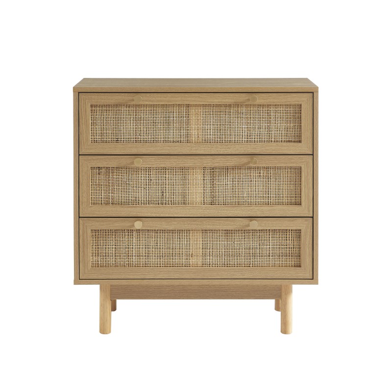 Commode HELENA effet chêne et cannage rotin 3 tiroirs