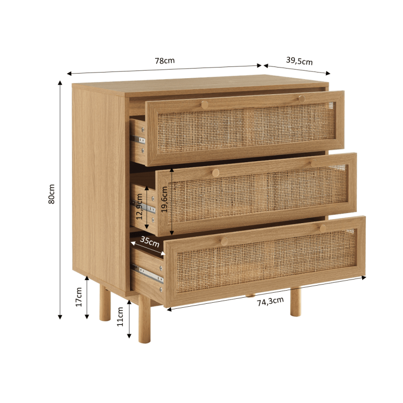 Commode HELENA effet chêne et cannage rotin 3 tiroirs