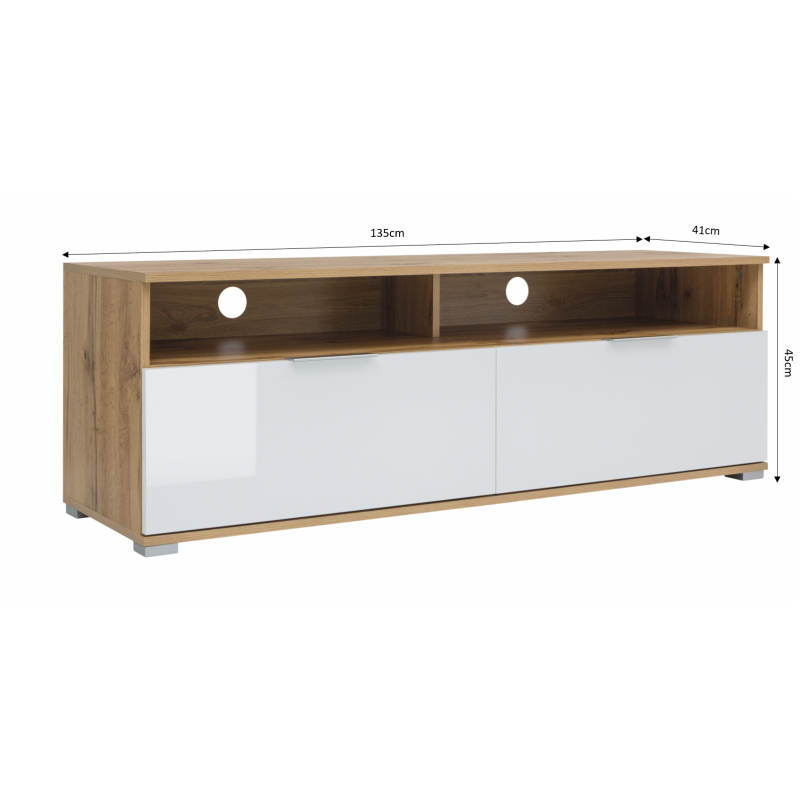 Meuble TV ZELE laqué blanc et effet chêne 135cm
