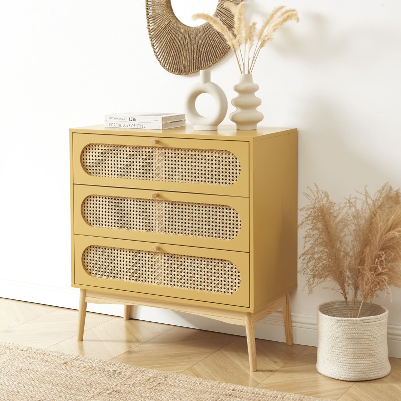 Commode SIXTINE jaune safran et cannage rotin 3 tiroirs